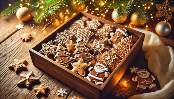 A festive overhead close-up of gingerbread cookies shaped like snowmen, reindeer, and stars, beautifully decorated with colorful icing. Soft golden particles float in the air, illuminated by the warm glow of Christmas lights, creating a cozy holiday atmosphere on a rustic wooden table.