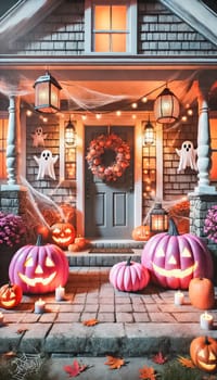 A cozy Halloween porch is illuminated by flickering lanterns, with glowing jack-o'-lanterns and vibrant pink pumpkins. The front door is adorned with cobwebs and a spooky wreath, creating a magical contrast between traditional and whimsical decor.