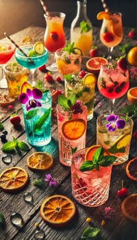 A vibrant display of cocktails, featuring colorful drinks with fresh fruit garnishes like lime, blood orange, and pineapple. The table is rustic, and water droplets add a refreshing and casual ambiance to the scene.