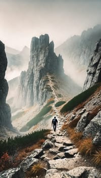 A lone backpacker makes their way up a rocky trail, surrounded by golden autumn grasses and towering peaks. Mist hangs in the air, blurring the distant mountains and adding to the wild and remote atmosphere.