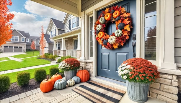 A suburban house’s front porch is subtly decorated with a small autumn wreath featuring pumpkins, berries, and colorful leaves. Potted mums and pumpkins sit on the porch, with a neatly maintained suburban neighborhood visible in the background, creating a cozy seasonal scene.