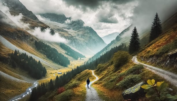 A lone hiker follows a winding trail through a misty valley, surrounded by towering mountains and lush greenery. The dramatic, cloud-filled sky enhances the serenity of the rugged landscape, with vibrant fall colors scattered throughout the scene.