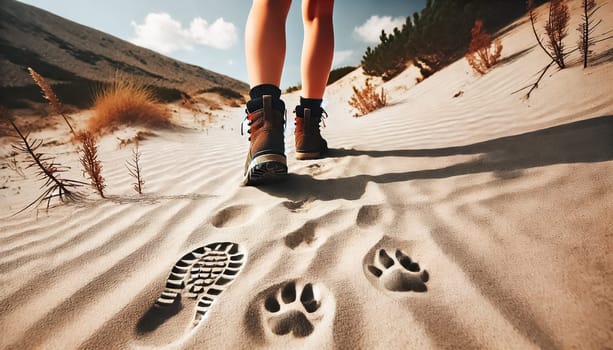 A close-up view of hiking boots and dog paw prints left in soft, powdery sand. The woman and her dog hike through a sandy mountain trail, leaving distinct imprints behind as they move through the open landscape.