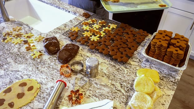 Using an adjustable rolling pin to roll out gingerbread cookie dough on the elegant marble counter in a modern kitchen, getting ready for festive holiday baking.
