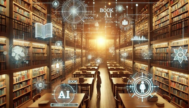 A serene futuristic library with tall wooden bookshelves filled with physical books, paired with floating holographic AI displays. Soft lighting creates a warm contrast between the classic library design and glowing digital projections, inviting both traditional reading and modern learning.