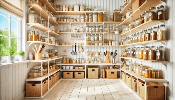 This pantry features woven baskets on the bottom shelves and a shelf above with neatly arranged electric kitchen tools. The upper shelves hold labeled jars of spices and ingredients, organized in a minimalist design with light wood shelving and white walls for practical, efficient kitchen storage.