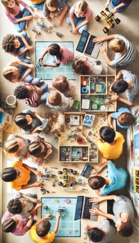 A variety of students working on different STEM projects at their desks. They are assembling robots, coding on laptops, and handling various electronic components. The workspace is vibrant, filled with tools, gadgets, and science kits, reflecting the dynamic and interactive learning environment.