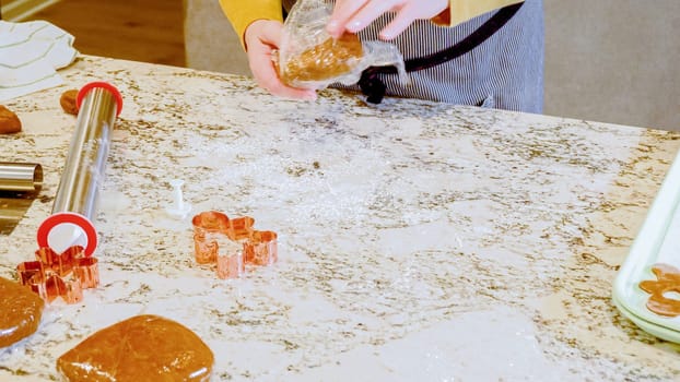Using an adjustable rolling pin to roll out gingerbread cookie dough on the elegant marble counter in a modern kitchen, getting ready for festive holiday baking.