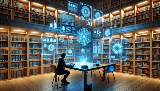 A focused student studies at a sleek table in a futuristic library, surrounded by glowing blue holographic AI displays and wooden bookshelves. The cool blue light contrasts with the warm wood, blending traditional learning and modern technology in a serene, balanced environment.