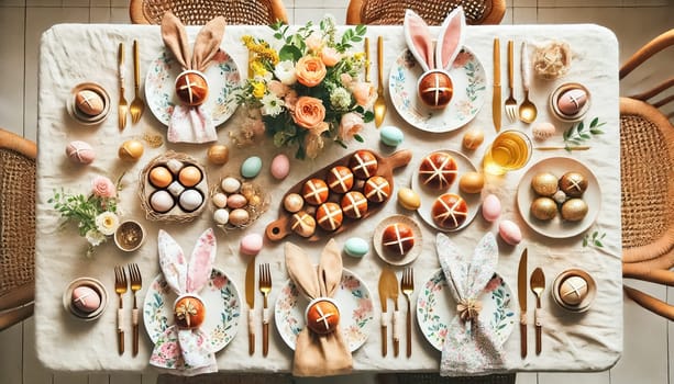 These images show a bright, welcoming Easter brunch table set for a small family. Floral plates, golden cutlery, bunny-ear napkins, and pastel eggs create a soft, cheerful ambiance. Hot cross buns and a delicate bouquet of spring flowers enhance the light and cozy atmosphere, perfect for a relaxed Easter celebration.