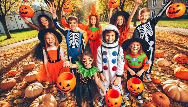 A lively group of kids posing outdoors in a grassy area, wearing colorful Halloween costumes. The costumes range from pumpkins and skeletons to superheroes and astronauts, with the children showcasing excited expressions and playful gestures. The festive atmosphere is perfect for a Halloween celebration filled with laughter and joy.