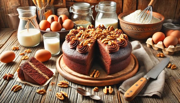 A luxurious chocolate cake with smooth frosting and walnut garnish, elegantly displayed on a decorative floral-patterned plate. The scene features fine vintage cutlery, a classic teacup filled with rich coffee, and a warm, inviting atmosphere.