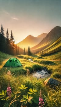 A peaceful campsite nestled under pine trees by a still lake, where morning mist lingers over the water. The sun rises behind the mountains, casting a warm glow over the mirrored reflections of the towering peaks and forests.