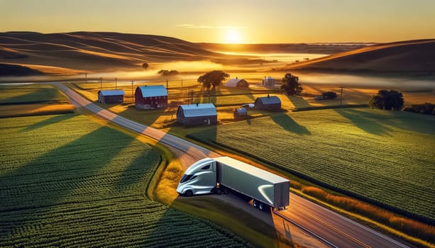 With the golden glow of wheat fields as its backdrop, an innovative electric truck makes its way along a winding country road, showcasing a blend of traditional scenery and modern technology.