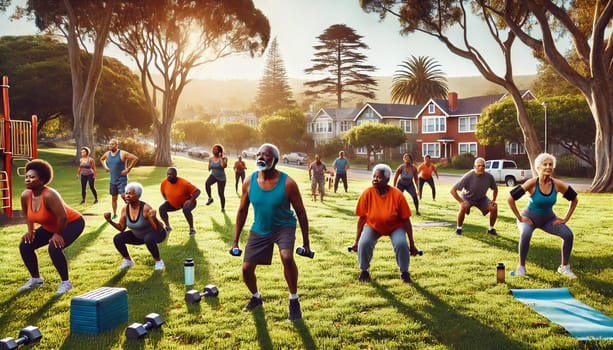 African American individuals over 50 years old are working out in an open, green suburban neighborhood park in the USA. They are engaging in activities like jogging and stretching under clear skies, surrounded by trees and distant homes.