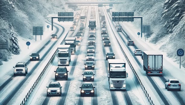 An overhead view shows vehicles navigating a snow-covered highway, surrounded by dense, snow-coated trees. The road is filled with cars and trucks driving slowly through icy conditions, creating a peaceful yet challenging winter commute.