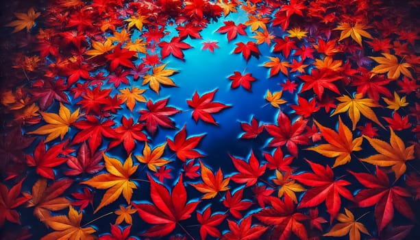 Rich autumn leaves in vivid reds, oranges, and yellows float against a calm, reflective deep blue surface. The leaves, with their fine textures and veins, create a dynamic sense of depth and tranquility.