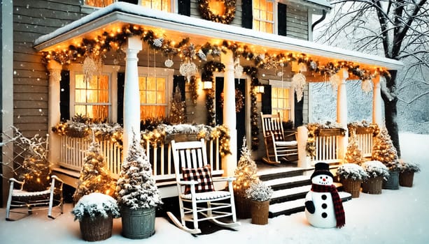 Snow blankets a charming farmhouse porch adorned with sparkling lights and Christmas decorations. Rocking chairs with checkered cushions and warm light from the windows invite a cozy atmosphere, while evergreens dusted with snow and a cheerful snowman enhance the holiday magic.