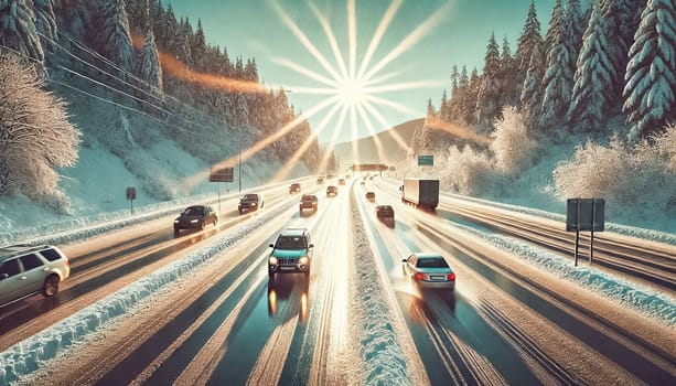 Cars carefully drive along an icy, snow-covered highway under a clear, sunny sky. Sunlight reflects off the wet road, and snow-covered trees frame the serene winter scene.