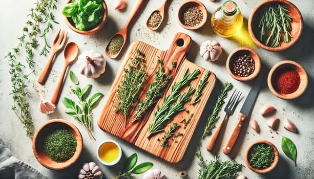 A clean and vibrant flat lay of a rustic kitchen table, featuring fresh herbs like basil, rosemary, and thyme. Surrounded by garlic cloves, spices, olive oil bottles, and wooden spoons, the scene is illuminated by soft natural light, creating an inviting and airy atmosphere perfect for food preparation.
