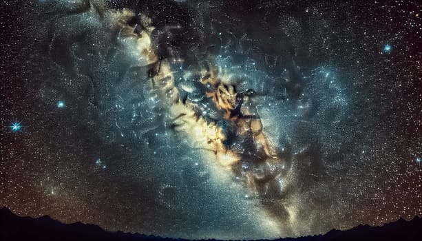 A breathtaking Milky Way galaxy spans the starry night above a mountain range, its glowing core illuminating the distant peaks. Layers of mountains fade into the horizon, creating a serene and dramatic cosmic landscape.