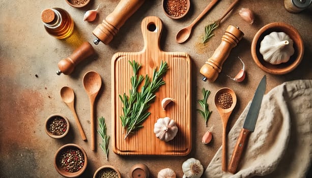 Top-down view of a rustic kitchen setup featuring a wooden cutting board with fresh rosemary and garlic. Surrounded by wooden spoons, pepper grinders, and natural spices, the scene is warm and inviting with a focus on natural textures and ingredients.