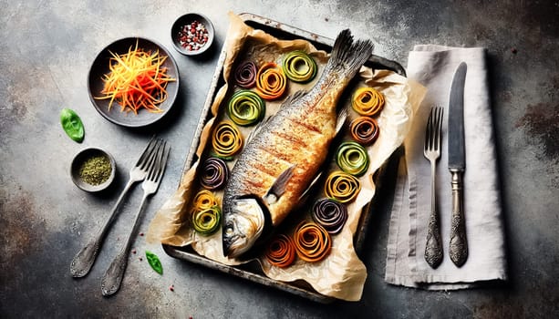 A perfectly roasted whole fish with a crispy, golden-brown crust, resting on parchment paper. It is surrounded by vibrant vegetable ribbons in orange, green, and purple, all served on rustic dishes. The textured napkins and soft lighting create a warm, inviting dining atmosphere.