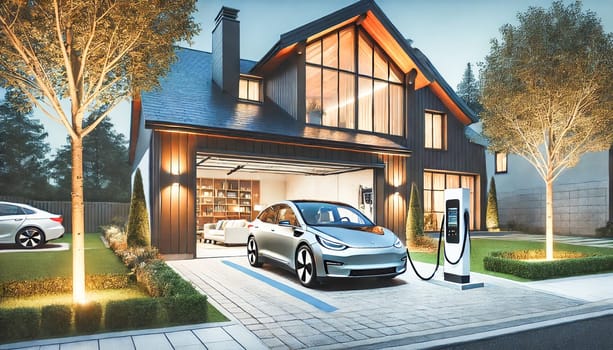 Luxury electric car charging in the driveway of a contemporary home, featuring a blend of glass and wood materials. The low-angle view highlights the sleek design of both the car and the modern architecture as dawn light accentuates the clean lines and open-concept style.