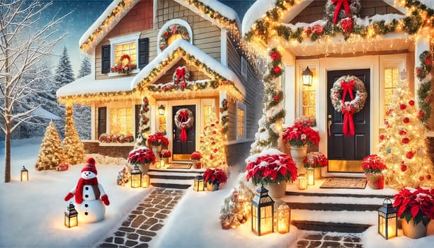 A close-up view of a suburban home's front door, decorated with a vibrant wreath, glowing garlands, and red poinsettias. Snow covers the steps, lanterns line the entrance, and soft daylight enhances the cozy holiday ambiance