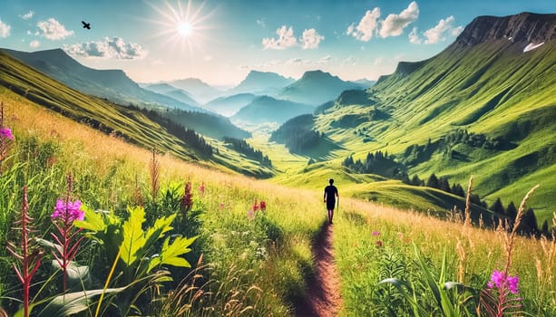 A hiker strolls along a sunny mountain trail surrounded by lush green trees and meadows. The clear blue sky and distant peaks create an atmosphere of peace and adventure, perfect for a summer exploration.