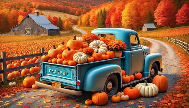 A charming blue vintage truck loaded with an assortment of pumpkins and vibrant fall flowers. The rural countryside around features bright red, orange, and golden trees, set against a hilly background with rustic barns. Scattered pumpkins and flower pots surround the truck, enhancing the cozy autumn atmosphere.