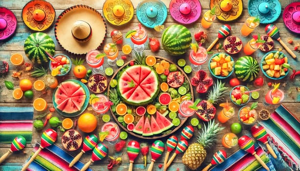 A lively, overhead view of a wooden table filled with fresh fruits, drinks, and garnishes. Sliced watermelon, pineapple, pomegranate, and citrus fruits are arranged alongside beverages, colorful maracas, and straw hats, creating a festive atmosphere.