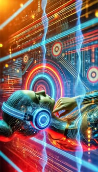 The futuristic human figure is adorned with intricate, glowing digital circuits across the face and body, seamlessly merging with neon waves and abstract data streams in the background. Dynamic colors of blue, gold, and red create an energetic and high-tech atmosphere, with sleek headphones glowing amidst the digital flow.