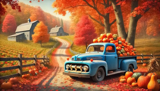 A charming blue vintage truck loaded with an assortment of pumpkins and vibrant fall flowers. The rural countryside around features bright red, orange, and golden trees, set against a hilly background with rustic barns. Scattered pumpkins and flower pots surround the truck, enhancing the cozy autumn atmosphere.