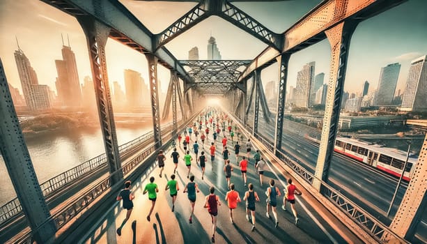 Marathon runners fill a bridge, racing towards the distant skyline as the morning sun illuminates the city. The steel beams of the bridge frame the scene, while the river below reflects the soft golden light. A train speeds past in the background, adding to the sense of motion and energy.