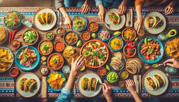 Close-up of beautifully presented tacos topped with cilantro, avocado, and drizzled sauce, set in a warmly lit Mexican restaurant. The blurred background captures diners enjoying their meals, creating a relaxed and inviting atmosphere.