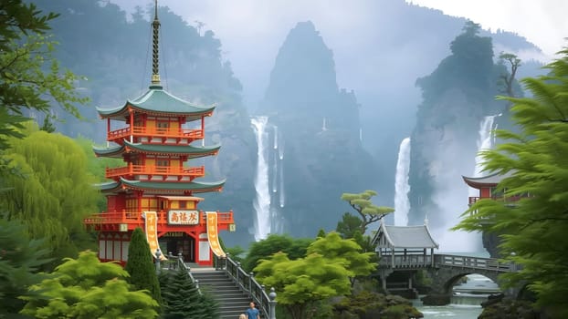 The japaness temple style with water fall behind with nice background view