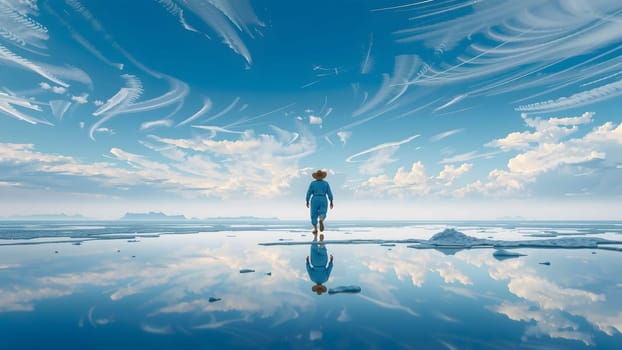 The Young man standing in the sea with nice reflection