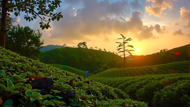 The The green tea garden in afternoon with nice backbround view