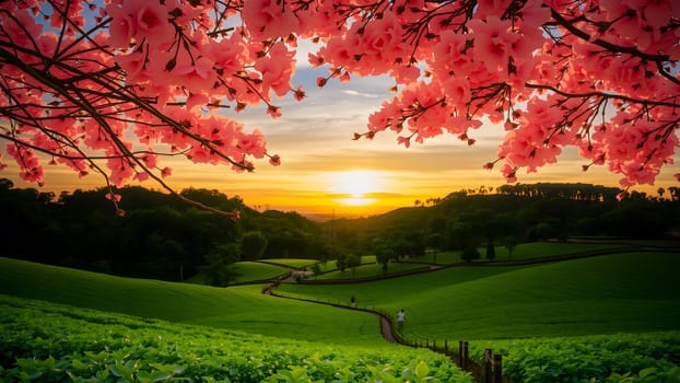 The The green tea garden in afternoon with nice backbround view