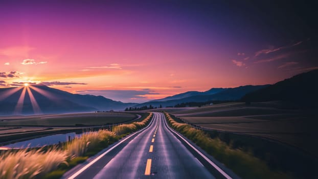 The Asphalt road in green fields under beautiful sky. Way