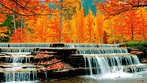 The Yellow maple leaves in the water with stones and green moss in the autumn