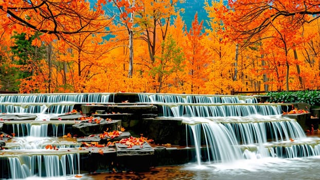 The Yellow maple leaves in the water with stones and green moss in the autumn