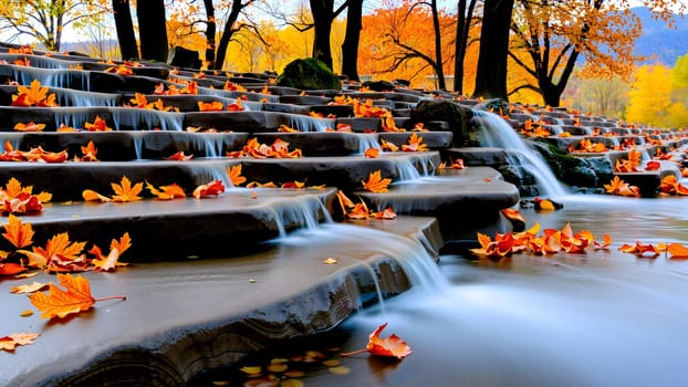 The Yellow maple leaves in the water with stones and green moss in the autumn