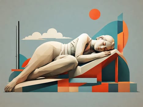 Digital artistry portraying a modern and surreal composition of a sleeping woman and abstract shapes, combining soft pastel tones and sharp geometric elements for a delicate yet compelling visual impact.