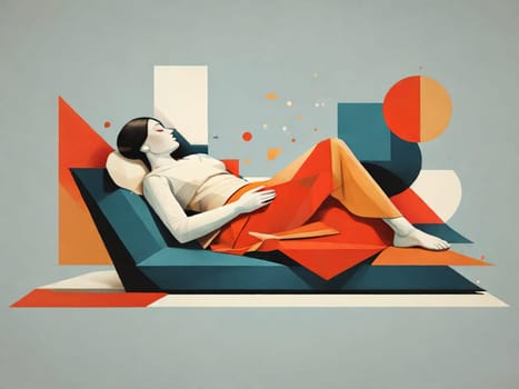 A colorful geometric abstract illustration depicting a serene figure at rest in a modern artistic backdrop, radiating tranquility and creative aesthetics.