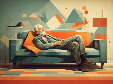 Abstract artwork featuring a man reclining on a sofa with geometric and colorful surroundings.