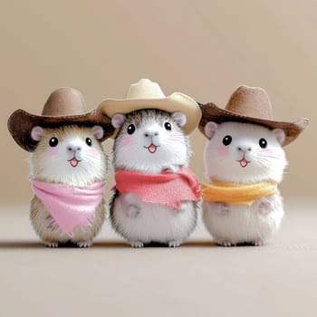 Three adorable hamsters wear cowboy hats and colorful bandanas, showcasing their playful personalities in a lighthearted indoor atmosphere, capturing the joy of these cute pets.