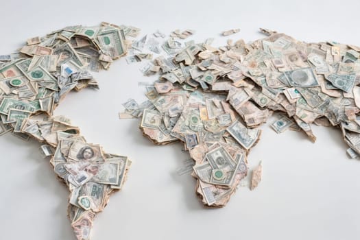 A detailed map of the world composed entirely of assorted banknotes showcases a unique artistic interpretation of global geography.