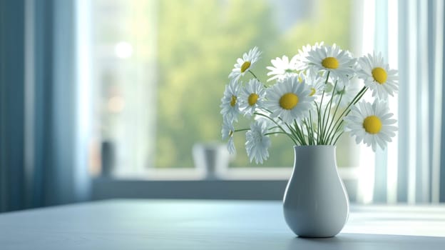 This stylish interior showcases a white vase filled with daisies, placed on a table. Sunlight streams through large windows, illuminating the modern, serene atmosphere.